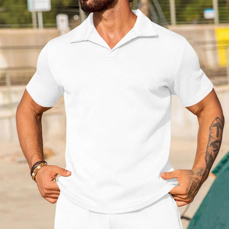 Men Textured Solid Polo Shirt Turn Down Collar Short Sleeve Casual Slim Fit Daily Sport Fashion Tops