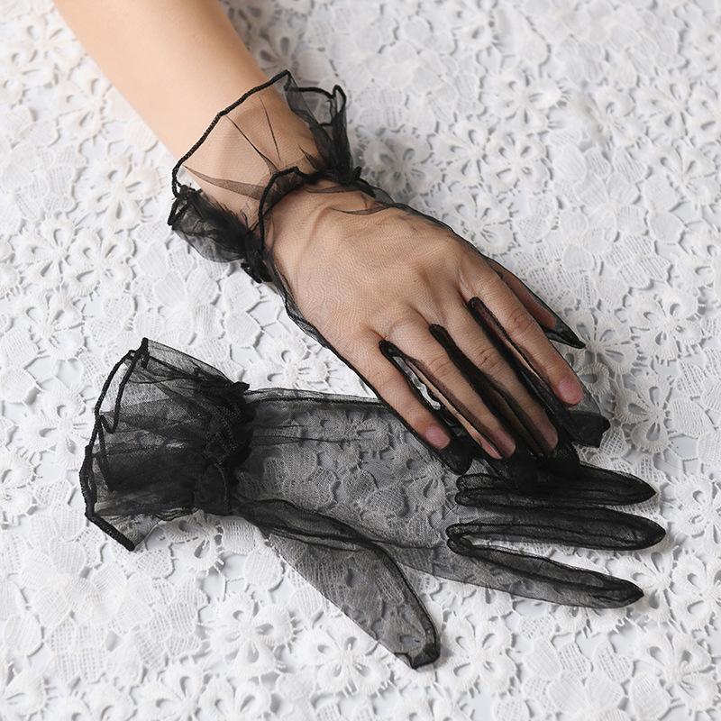 Fashion Elegant Sheer Lace Tulle Gloves Ultra Thin Stretchy Soft Full Finger Mesh Wrist Wedding Party Event Women's Accessories