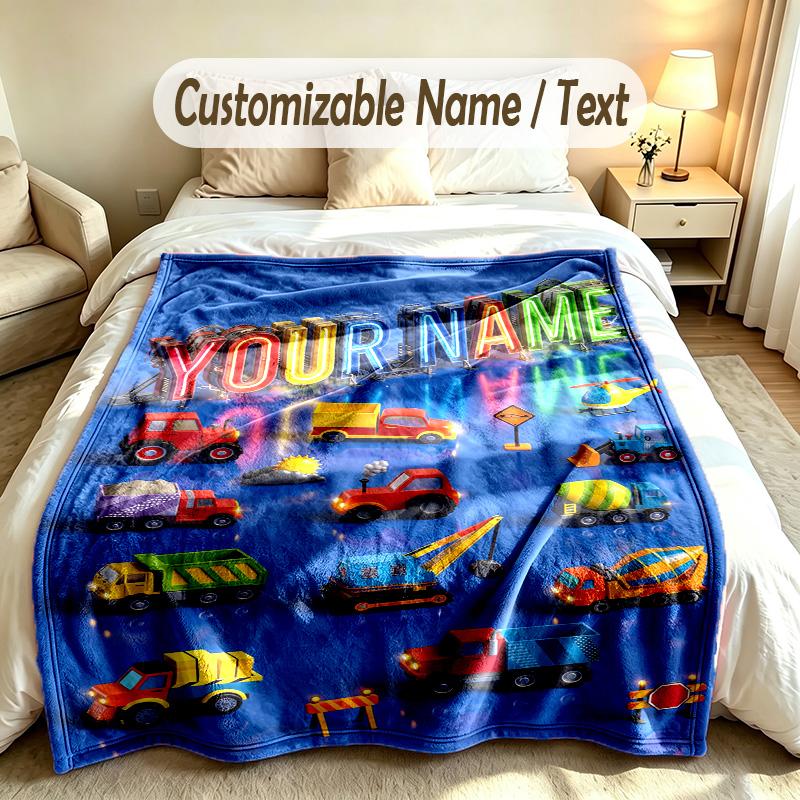 Construction Vehicles Theme Custom Blanket Personalized Name & Text Customized Soft Warm Throw Blanket Home Decor