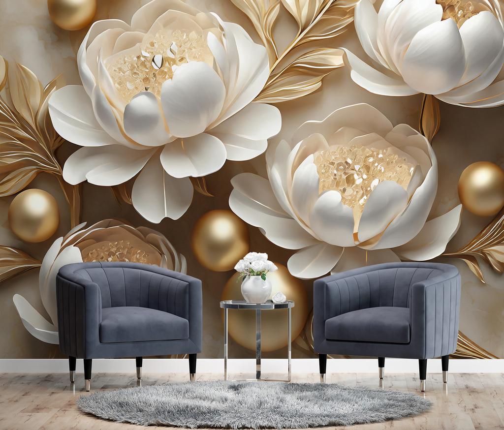Wallpaper Gold glamour flowers 3D