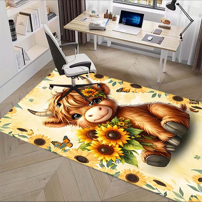 Highland Bull Theme Chair Mat: Cute Cow with Sunflowers Office Carpet Large Size, Home Decor, Sofa Rug, Gift for Office and Living Room