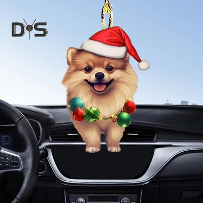 Kalėdinis šuo, galinio vaizdo veidrodėlis pakabukas, automobilio papuošalas Mielas šuniukas, dėvintis kalėdinę skrybėlę, Kalėdų eglutės papuošalai Automobilių priedai