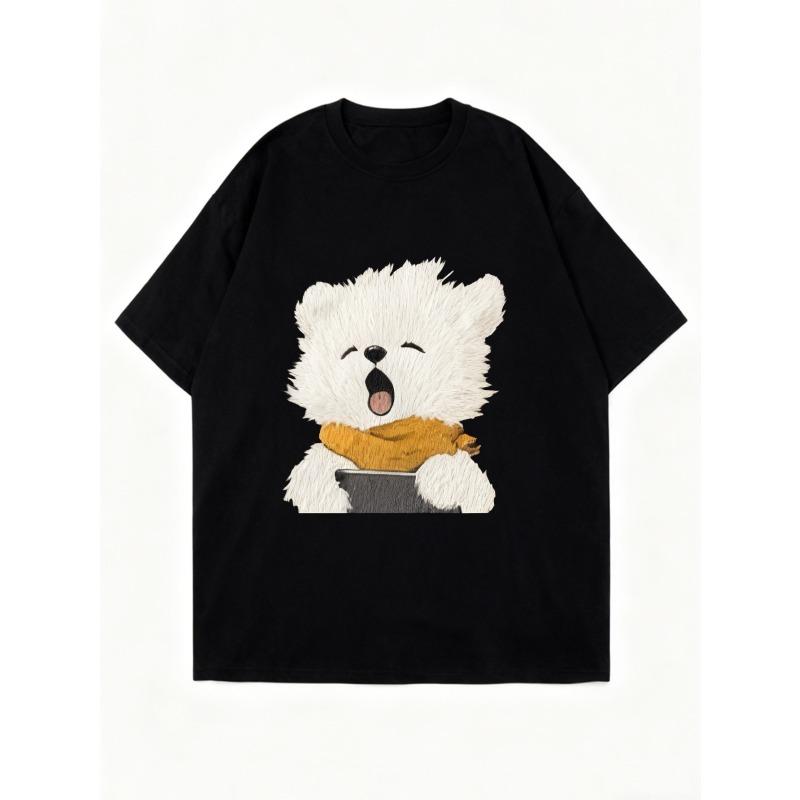 Oversized T Shirt Black Cute White Dog With Scarf Print Casual Everyday Wear