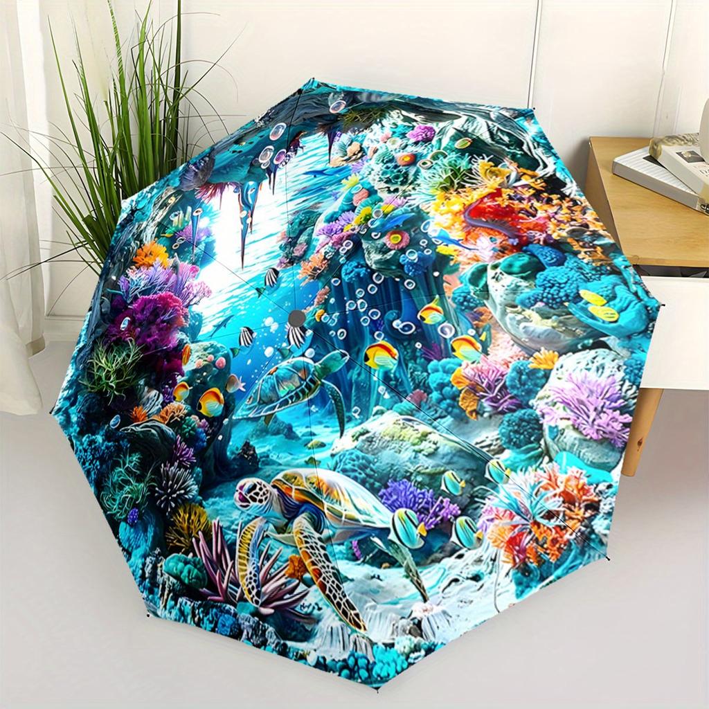 Automatic Folding Umbrella with Underwater Coral Reef Design - Vibrant Turtles & Fish Scene, Portable Collapsible for All Seas