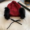 Retro hairball strap knitted hat women's winter warm wool hat showing a small face and cold-proof ear protection bag head hat