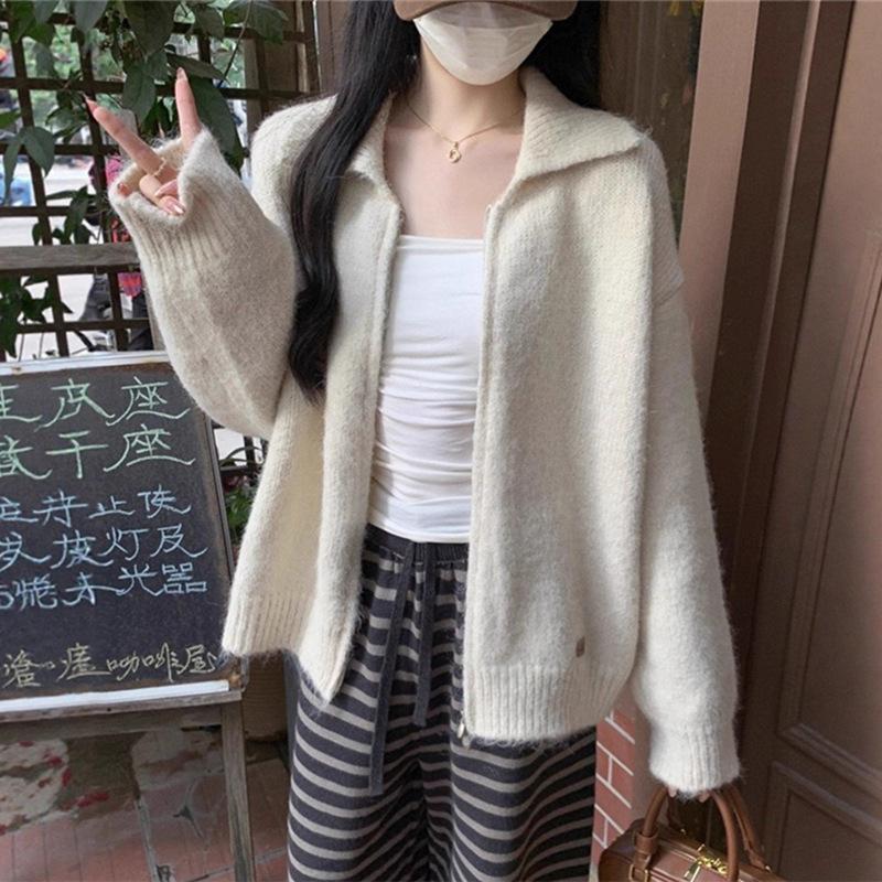 

Lapel zipper sweater women s clothing autumn and winter new lazy wind loose soft waxy plush knitted cardigan jacket average size