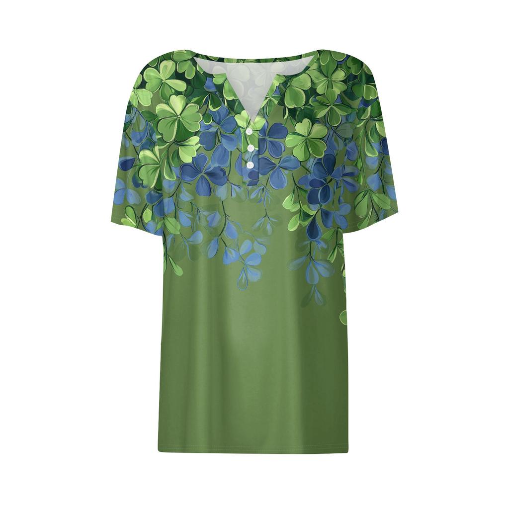 Women's T Shirt Tee Print Button Short Sleeve Daily Weekend Fashion Basic V- Neck Regular Top  St. Patrick's Day