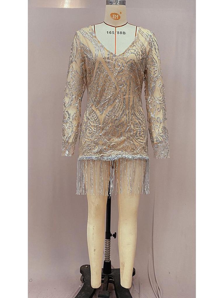 Rochie Midi Commuter de primăvară 2025, europeană și americană, cu ciucuri de paiete aurii