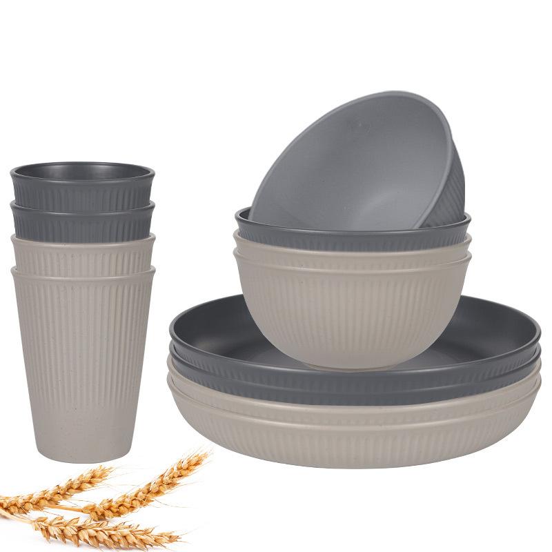12 ks Sada nádobí ze pšeničné slámy Nerozbitná sada talířů a misek Opakovaně použitelné sady nádobí Vhodné do myčky a mikrovlnné trouby