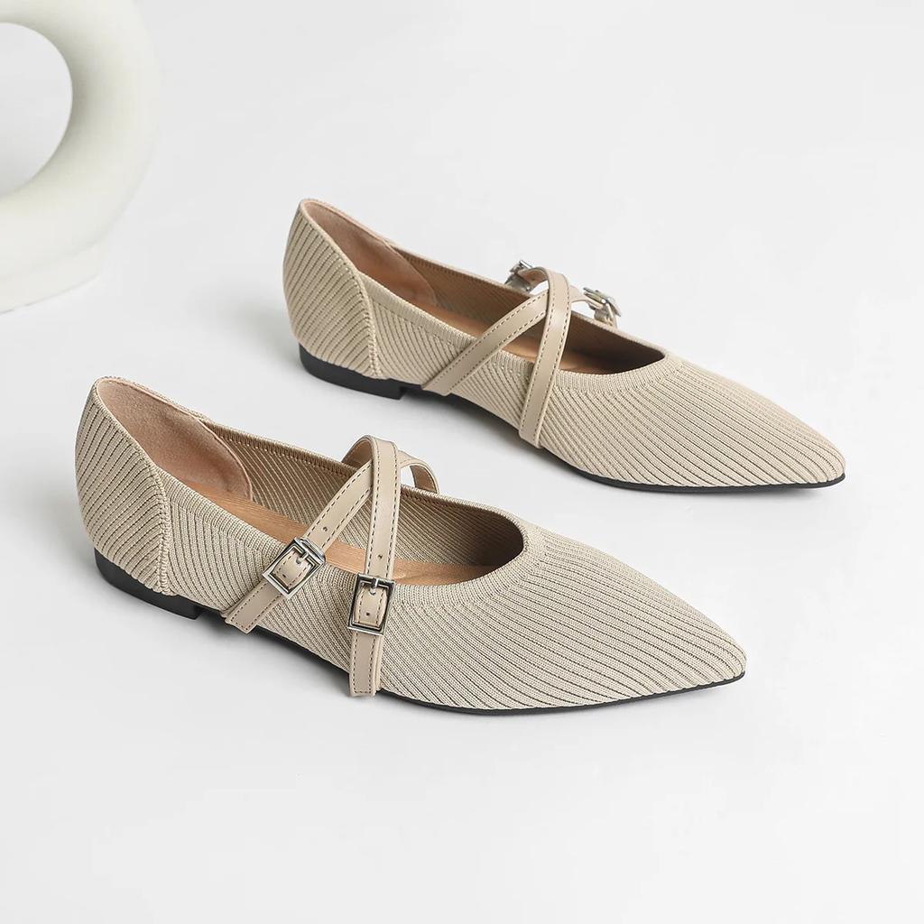Women Mary Jane Shoes Pointed Toe 2025 Spring Shallow Cross Strap Women Dress Shoes Breathable Knitted Mid-heel Shoes Ladies