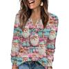 Women's Fashion V-Neck Button-Up T-Shirt With Christmas Print Long-Sleeved Top