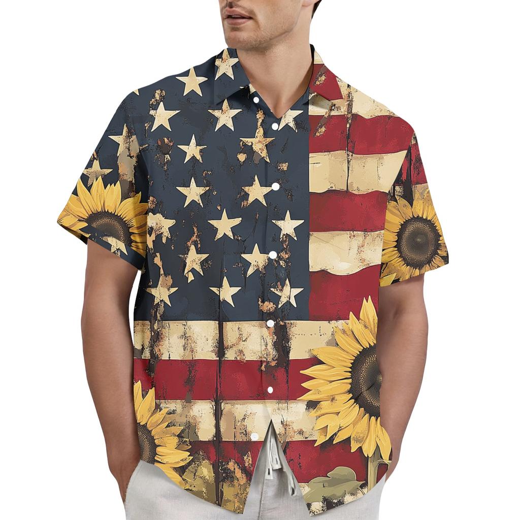 Men's Casual Stylish Flag Letter Print Shirt - Men's Lapel Short-sleeved Button-up Shirt