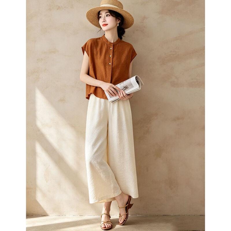 D.F.DEAR Women's Stand Collar Sleeveless Shirt & Wide-Leg Pants Set