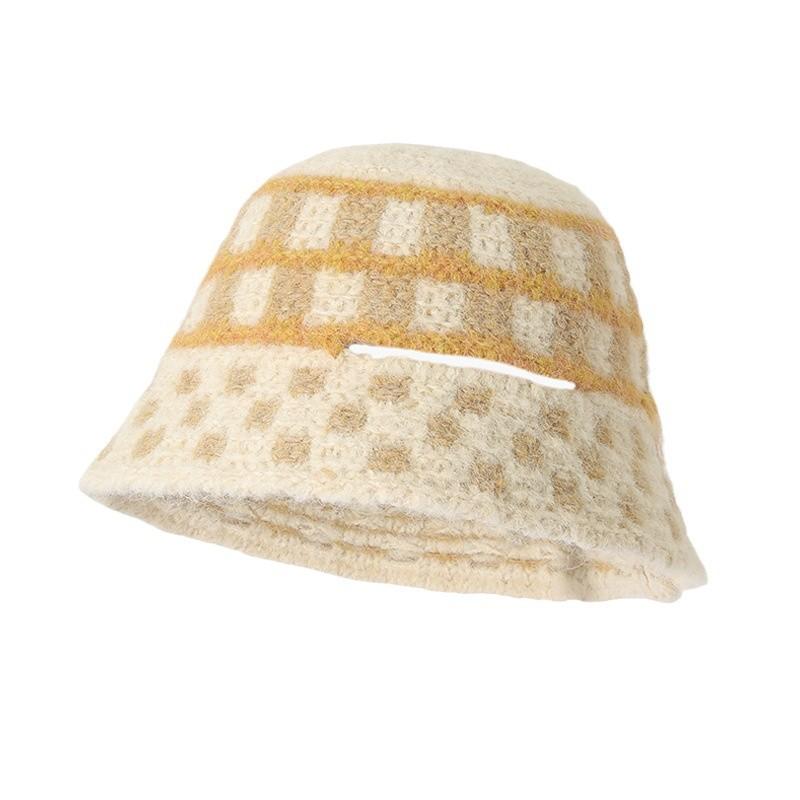 Czapka damska modna krata dzianinowa wełniana czapka zimowa ciepła twarz mała czapka typu bucket hat torba kapelusz fala