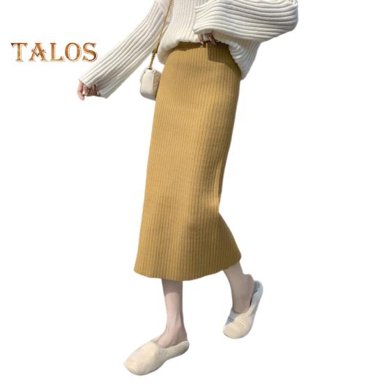 Women Knitting Skirt High Waist Back Slit Design Solid Color Midi Skirt Soft Breathable Thickened Warm Hip Wrapped Skirt