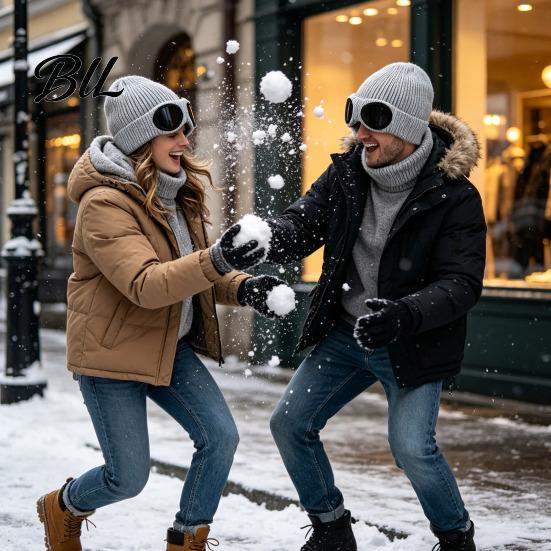Cycling Thermal Cap Knitted Hat with Goggles, Unisex Winter Hat, Fleece Lined, Windproof Stylish Streetwear Warm Skull for Outdoor Skiing Street