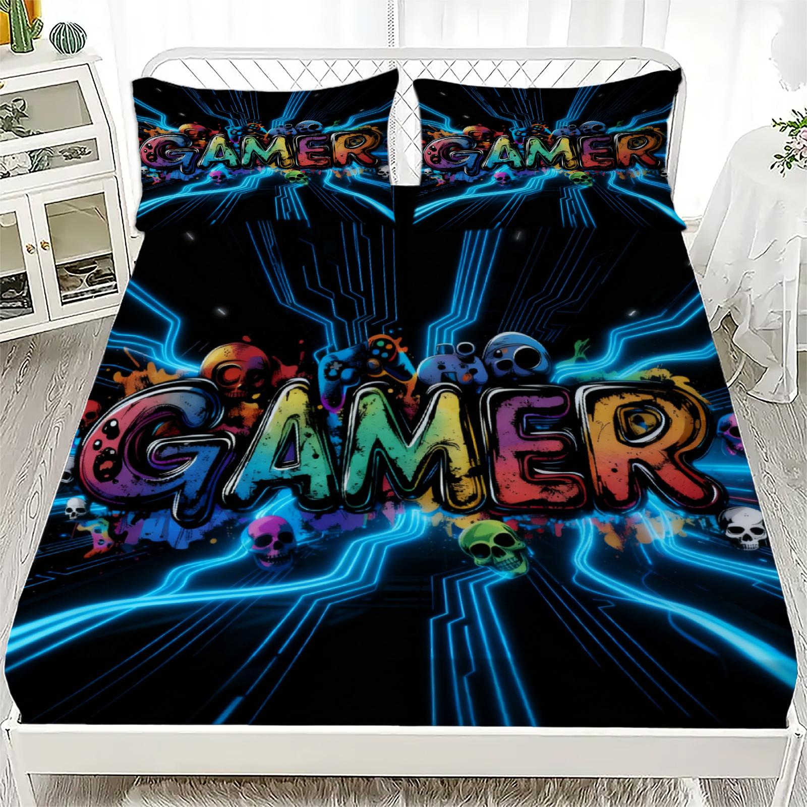 

3PCS Neon Gamer Word Printed Fitted Sheet Flat Sheet Set Vibrant Gaming Bedding for Teen Boys Queen Size Trendy Room Decor 200x220x25cm