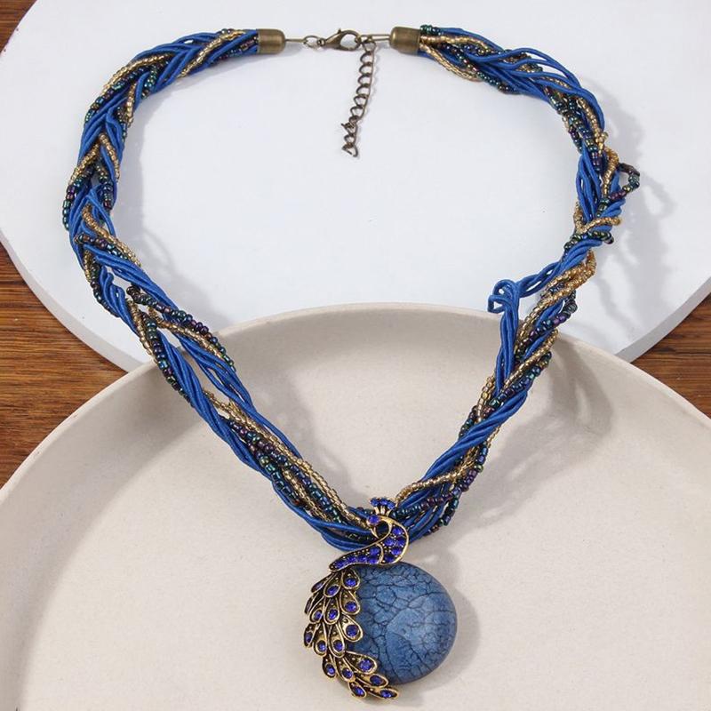 Elegante Vintage Fransen Quaste Anhänger Halskette Pfau Design für Damenpullover