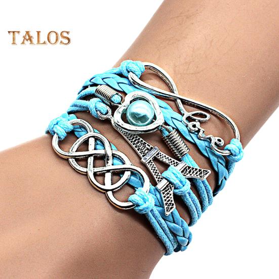 

Плетеный браслет из искусственной кожи с многослойным узором, ретро-многослойный плетеный браслет в виде башни из шнура для мужчин и женщин небесно-голубой