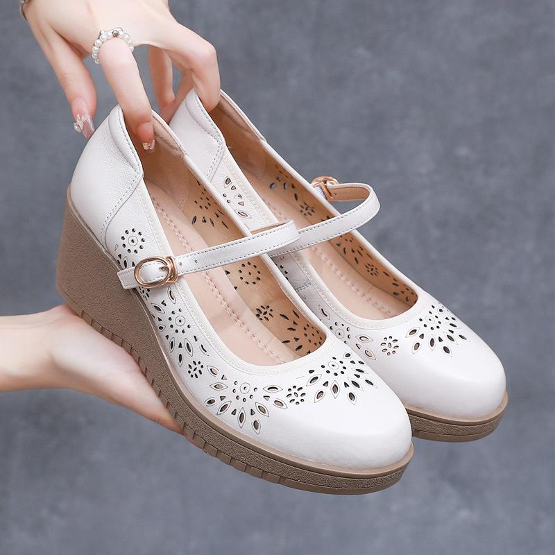Nuovi Sandali Traspiranti con Tacco Medio Perforati, Punta Tonda e Fibbia, Stile Vintage, Scarpe Comode da Donna per la Mamma