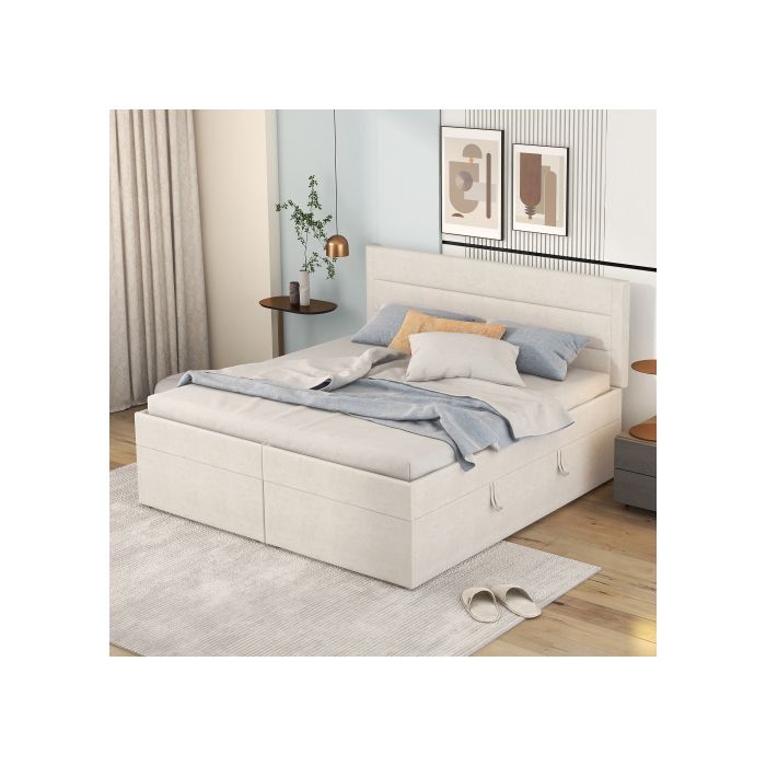 Lit double capitonné - MUVOE - 200x140 cm - Beige - Sommier à lattes - Grand espace de rangement