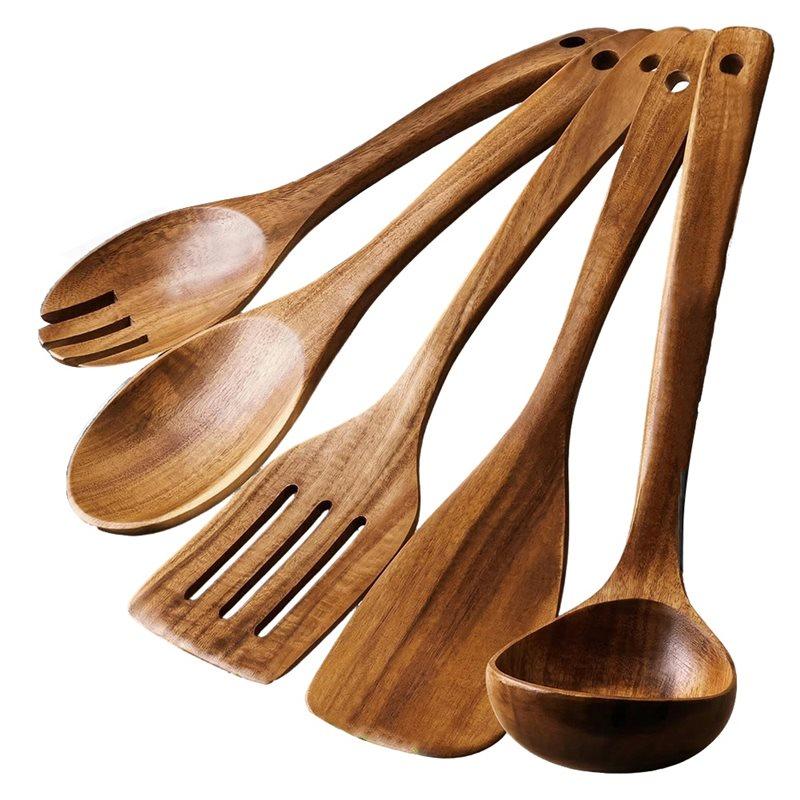 

Fresh Wooden Kitchen Spoon 5-Piece Set Includes Spatula, Spatula Separator, Fork, Serving Spoon- Non-Stick Comfort