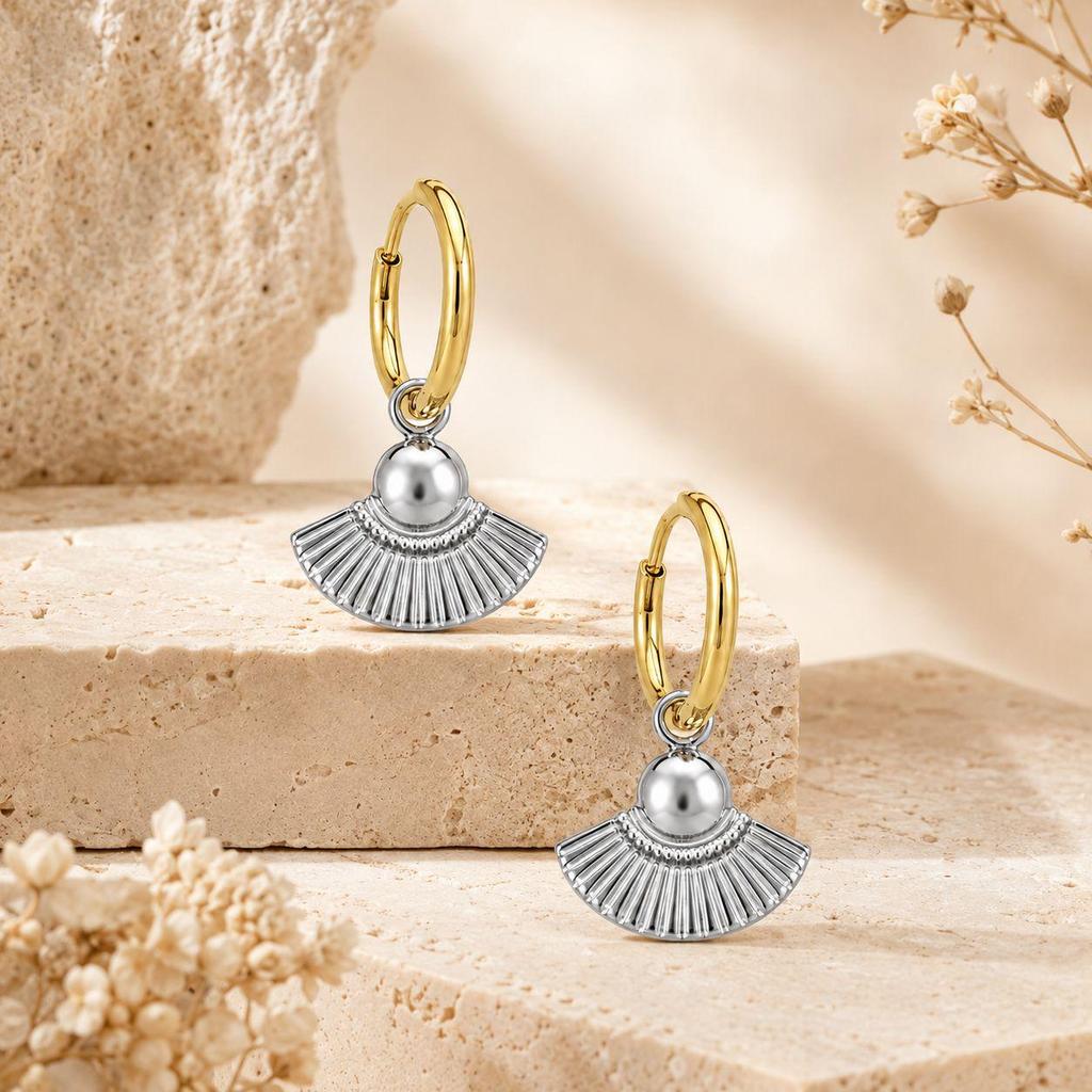 Fashionable Two-Tone Fan Pendant Earrings - French Light Luxury Retro Stainless Steel Ear Hoops Studs