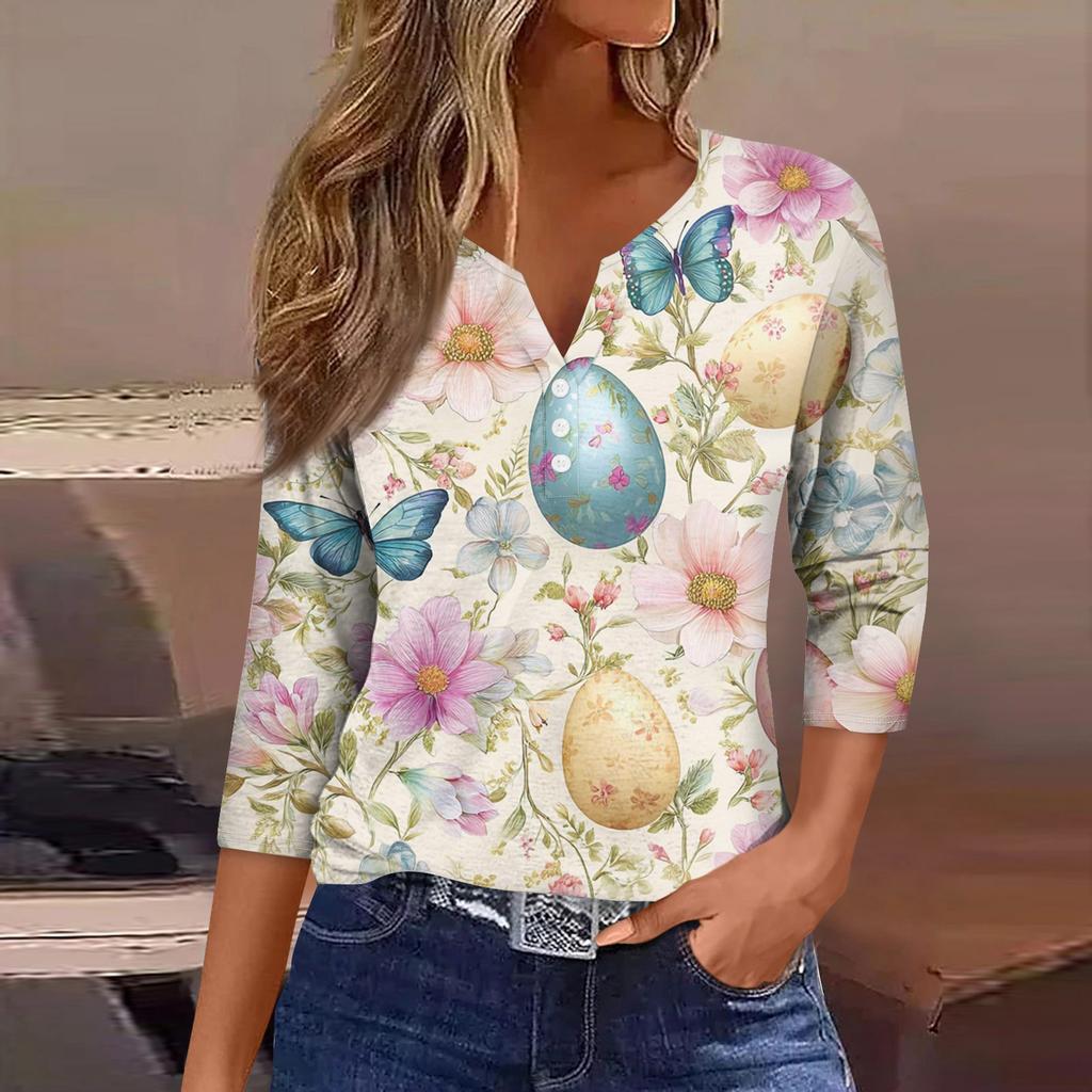 Women's Fashion Casual Easter Printed V-neck Short Sleeve Decorative Button Seven Sleeve T-shirt Top