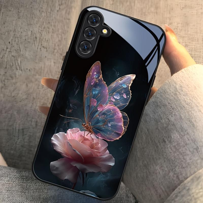 The Butterfly Glass Phone Case On the Pink Rose Is Suitable for Samsung Galaxy S26 S25 S24 S22 S21 S20 FE/Ultra/Plus Anti Drop