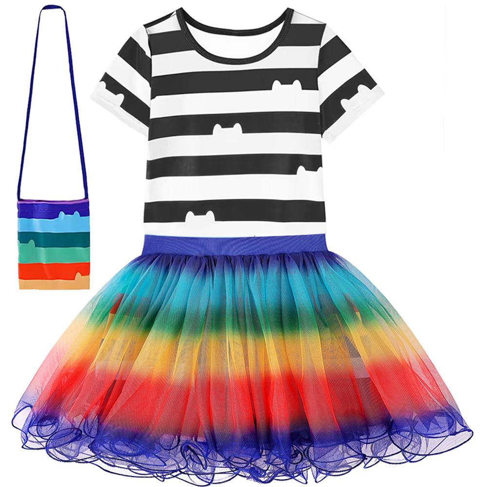 Gabby Dollhouse Cartone Animato Bambini Maglietta a Righe Bianche e Nere+Gonna+Borsa Set Bambini Carnevale Costumi Gabby Cats Feste 8 Anni