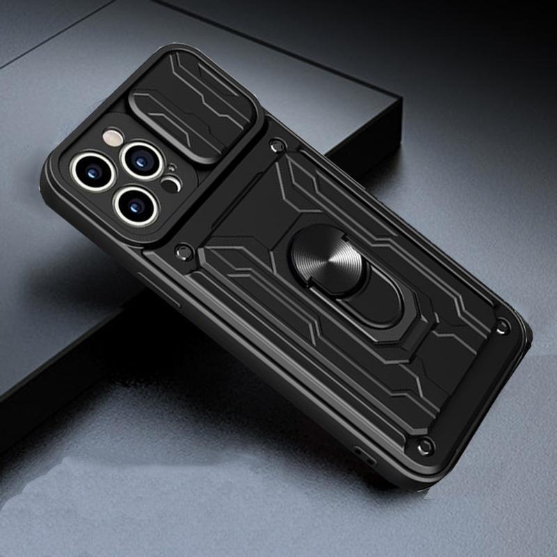 Multifunction Card Holder Slide Camera Case For iPhone 13 12 11 Pro Max X XR XS Max 6 8 7 Plus 13pro 12pro Shockproof Bumper Armor Ring Stand Cover