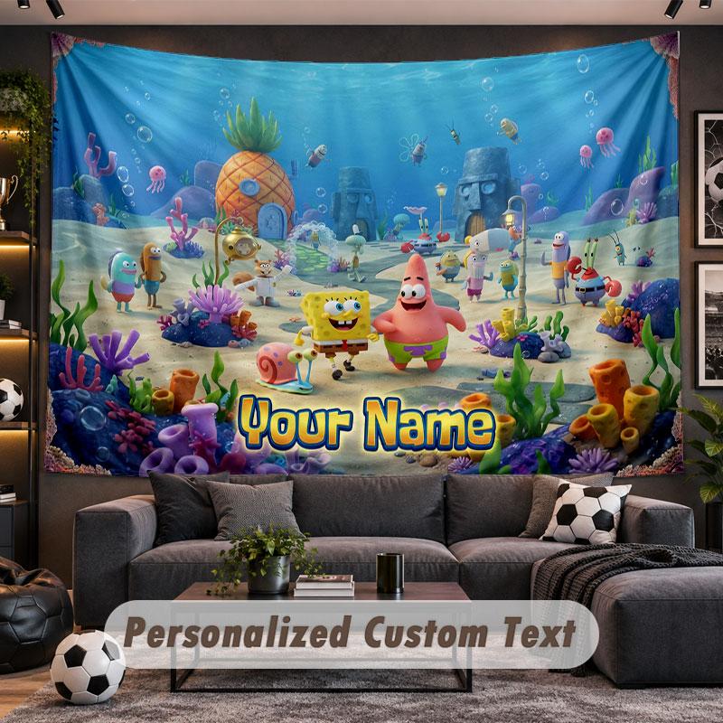 Wall Hanging Tapestry Custom NameSpongeBob Pattern Personalized Printed Fabric Wall Decor