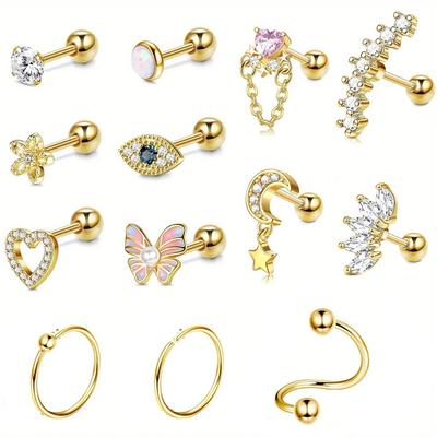 Drperfect 1 pièce Boucles d'oreilles Stud Cartilage Acier Inoxydable 16G Boucles d'oreilles Stud Acier Inoxydable Hypoallergénique Piercing Papillon Cœur
