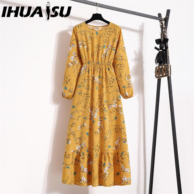 IHUASU 25 Colors Spring Women Maxi Dresses Casual Long Sleeve Floral Print O-Neck Ladies Long Dress Bohe Beach Party Mujer Vestidos Muslim Dress