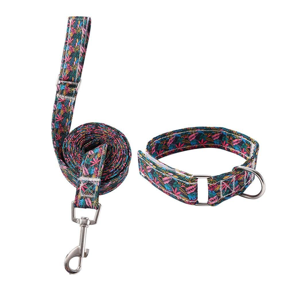 Flower Print Dog Collar Leash Set Adjustable Pet Collars Combo  Small Medium Large Dogs