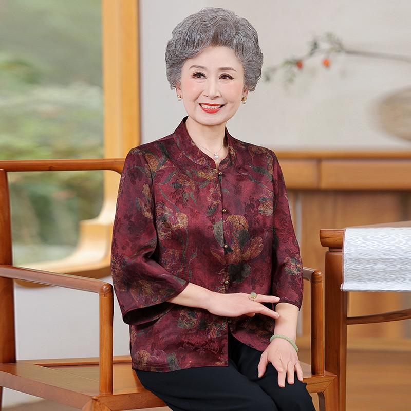 

Grandma s Mulberry Silk Shirt - Chinese Style Summer Top for Elderly Ladies (70s-80s) 3XL (Recommended 60-67.5kg) червоний