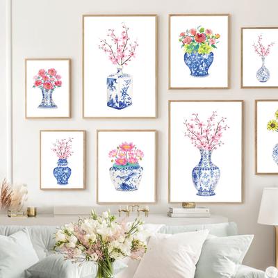 Cuadro minimalista nórdico en lienzo, pintura de porcelana azul y blanca, pósteres e impresiones de acuarela para sala de estar, sin marco.