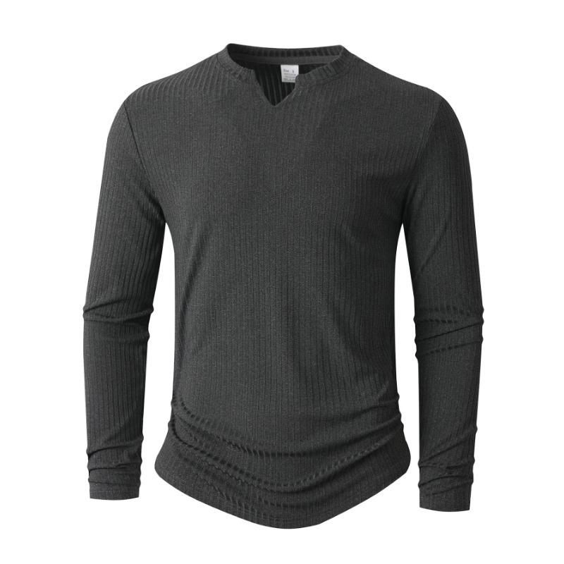 Casual Sports Fashion Long-sleeved Slim Top Autumn and Winter Men's V-neck T-shirt Solid Color