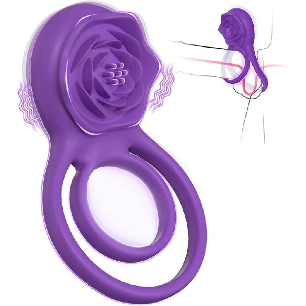 Vibrating Cock Ring with Rose Clitoral Stimulator, Pleasure Penis Ring Vibrator Couples Adult Sex Toys for Men Women, 7 Vibrations Male Couple Sex