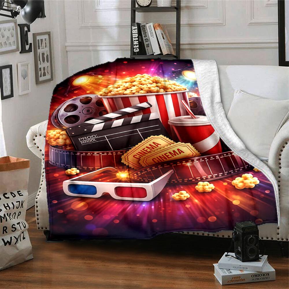 Movie Night Popcorn Film Reel Ticket Print Flannel Blanket Soft Warm Throw Blanket Cinema Home Decor for Sofa Bedroom Travel