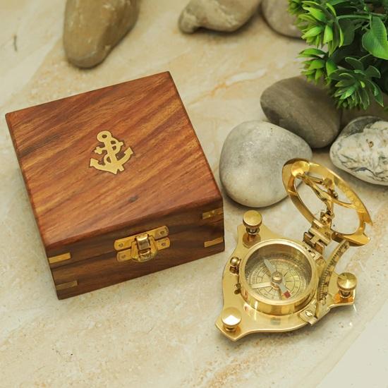 10.16 cm Brass Sundial Compass with Wooden Box Engraved Nautical Compass for Him, Explorer, or Retirement Gift