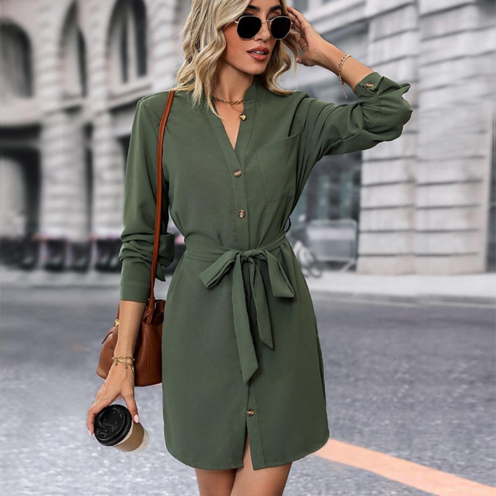 Women s V Neck Long Sleeve Shirt Dress A-Line Mid Rise Solid Belted Mini Dress S