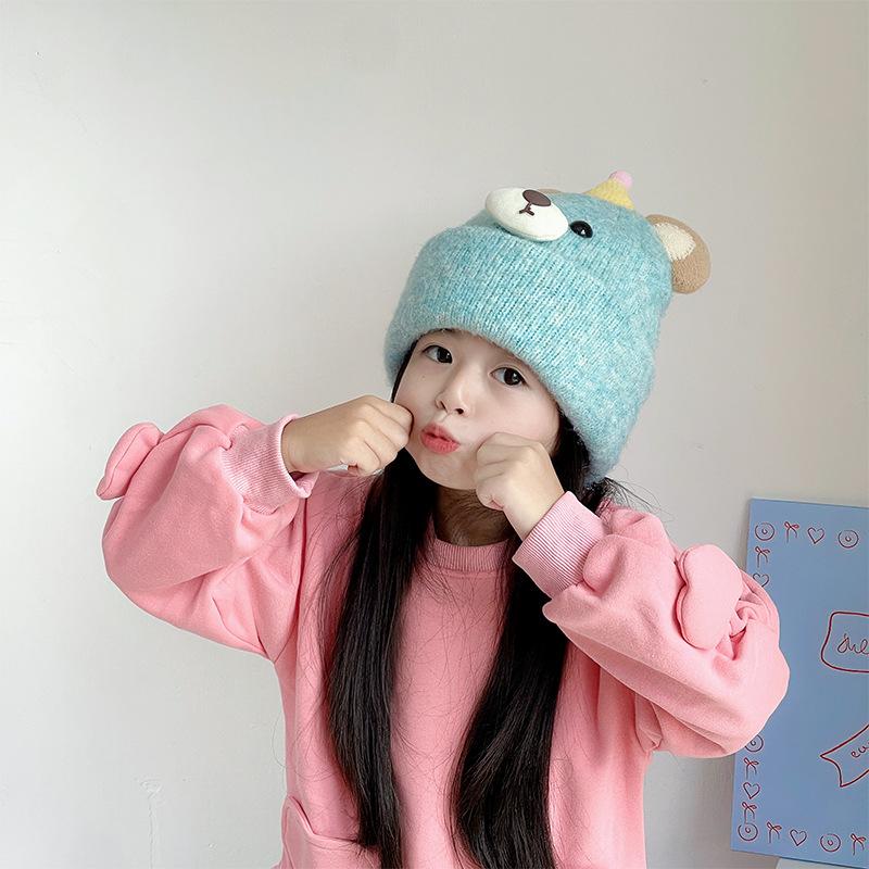 Autumn and Winter Children's Hats Cute Bear Wool Knitted Hat Double Layer Warm and Cold-proof Ear Protection Hat Pullover Woolen Hat
