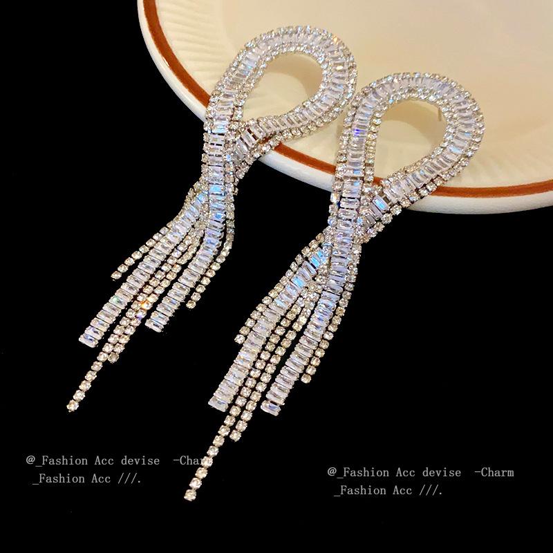 Silver Needle Diamond Zircon Geometric Tassel Earrings European and American Personality Long Earrings Cold Wind Creative Light Luxury Earrings Women