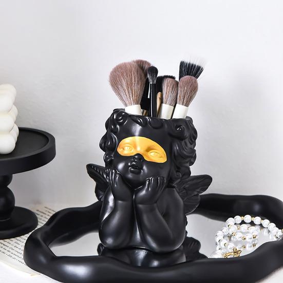 Desktop Makeup Brush Holder Pen Organizer Durable Construction Large Capacity Cute Angel Design Makeup Brush Cosmetic Container