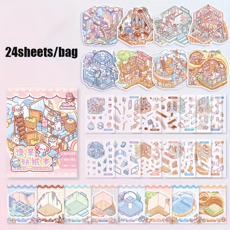24sheets/bag 8in1 Cartoon Landscape Sticker Book DIY Scrapbook 3D Pocket Cabin Scene Stickers Gift For Kid Child