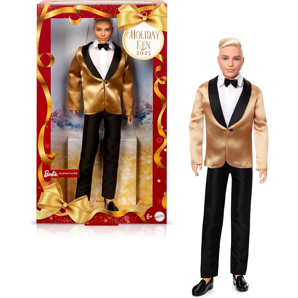 

Barbie Holiday Ken Blonde Signature Doll Black Outfit Playset for Role Play Ages 6 and Up Gold JGK55