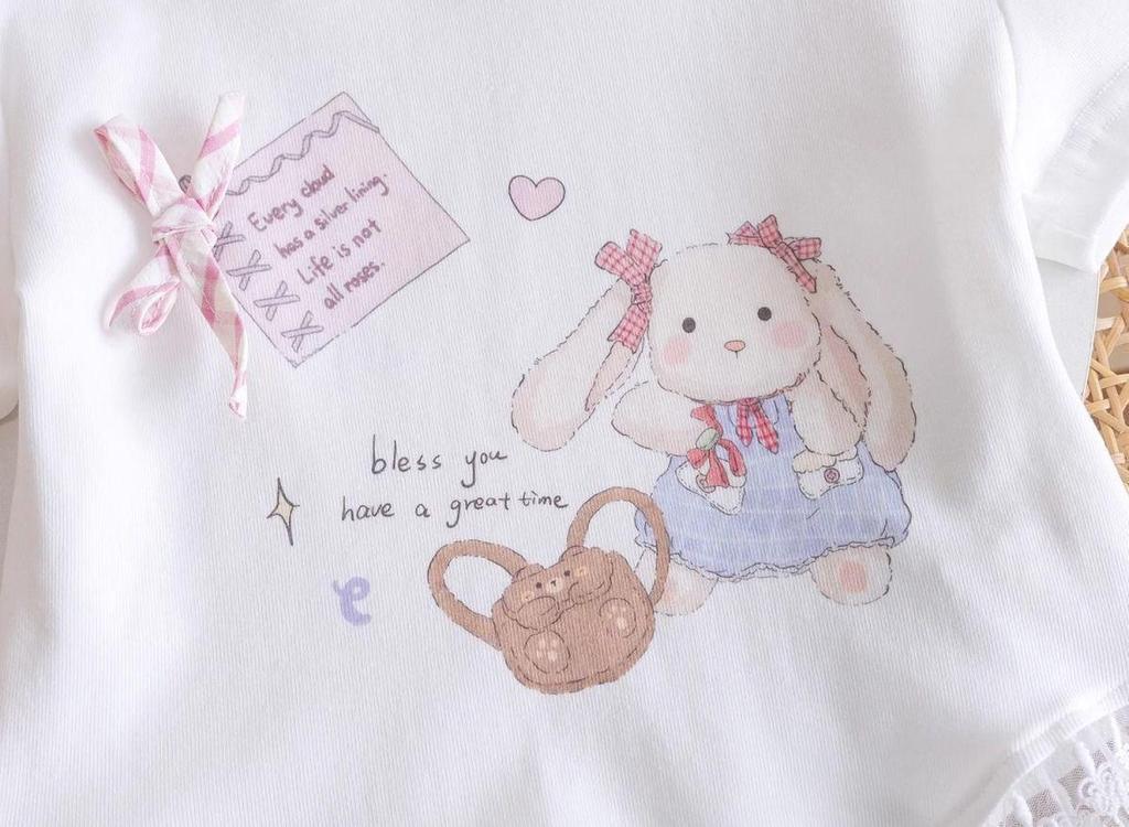 New Kids' Cute Cartoon Lace T-Shirt - Korean Style, Short-Sleeve, Round Neck, Stylish Summer Top