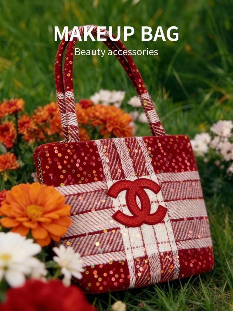 Red Plaid Sequin CC Logo Tote Bag, Daily Handheld Cosmetic Bag, Luxury Brand Beauty Accessory