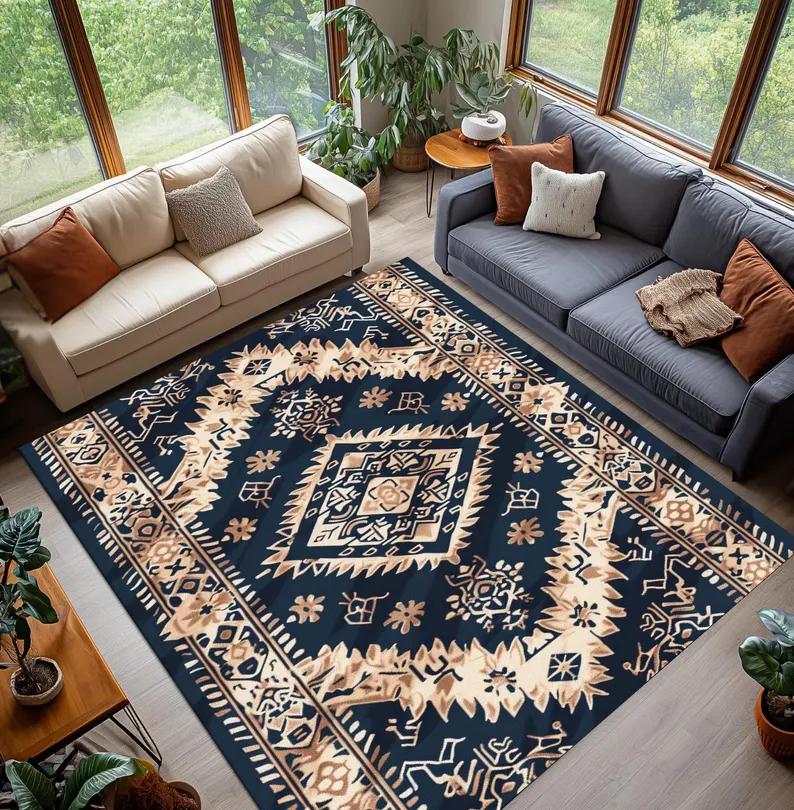 American Native Indian Pattern Carpet Mat Rug Home Decor Vintage Ethnic Style Floor Area Rug Living Room Bedroom Dark Geometric